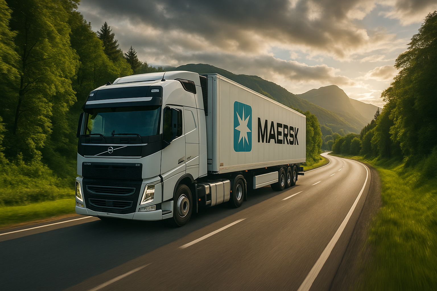 Maersk-branded modern reefer truck on a scenic green mountain road — Blue Alfa Land Transport